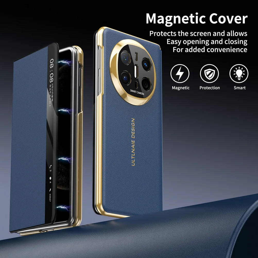 Luxury Smart Leather Gold-Toned Magnetic Protective Case with Lens Cover