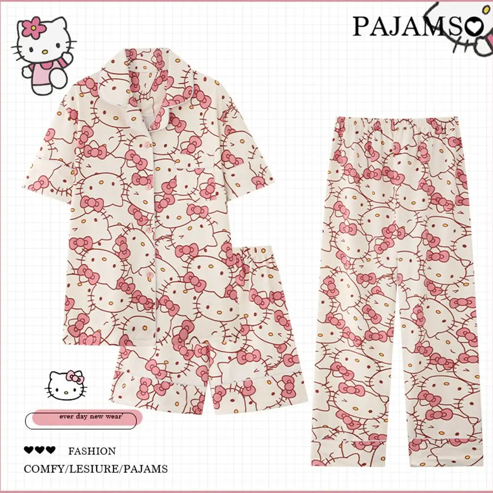 

Sanrioed Hello Kitty Kuromi 3Pcs Women's Pajamas Suit Anime Kawaii Spring Summer Short Sleeves Shorts Pants Homewear Soft Girls