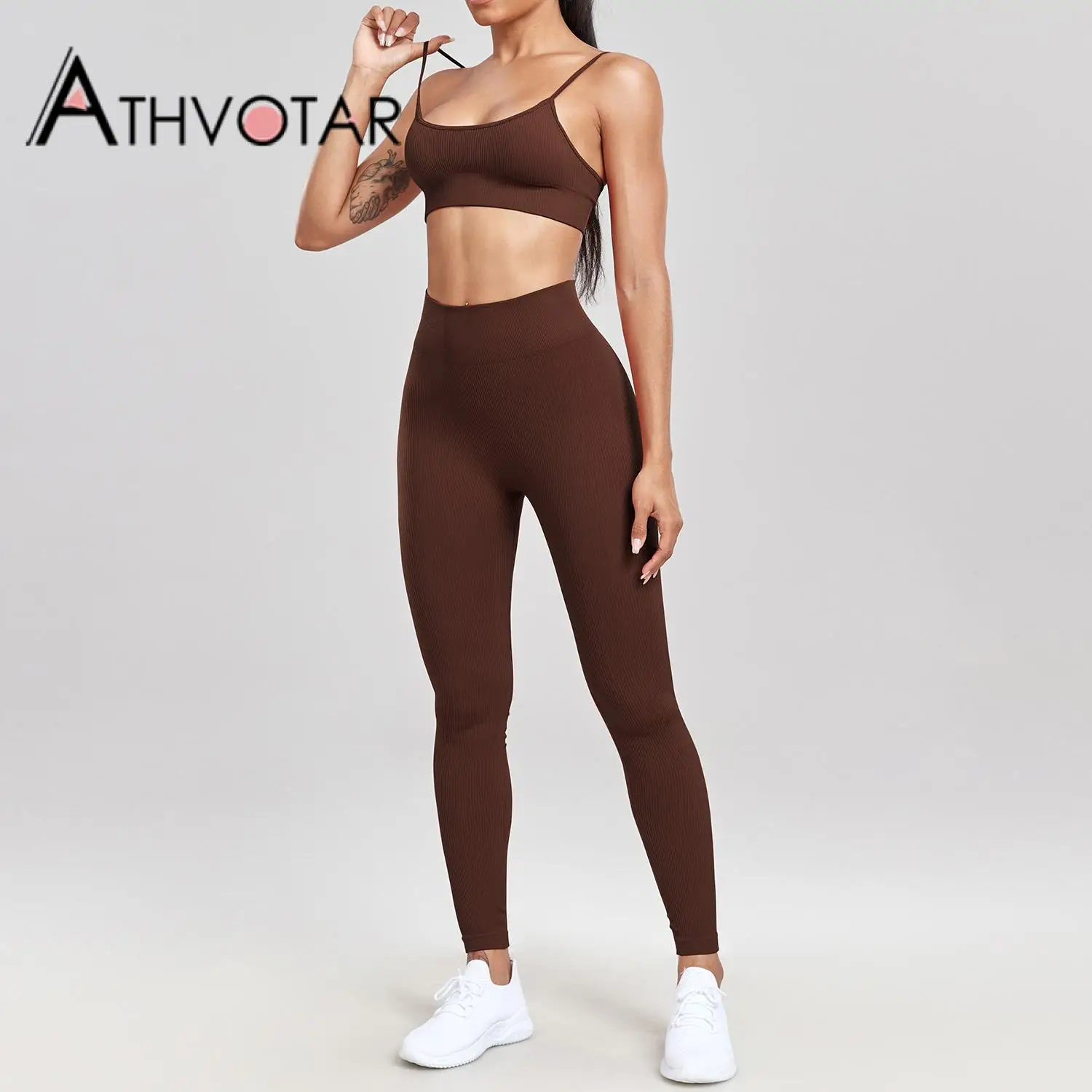 

ATHVOTAR 1/2 Piece Set Women Sports Seamless Tight Bra Set Ribbed Suspenders Casual High Waist Sportswear Push Up Pants Set