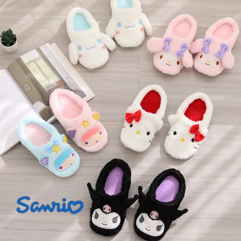 

Sanrio Нескользящие плюшевые домашние туфли для девочек Kawaii Little Twin Star Kuromi My Melody Hello Kitty Cinnamoroll Симпатичные хлопковые тапочки
