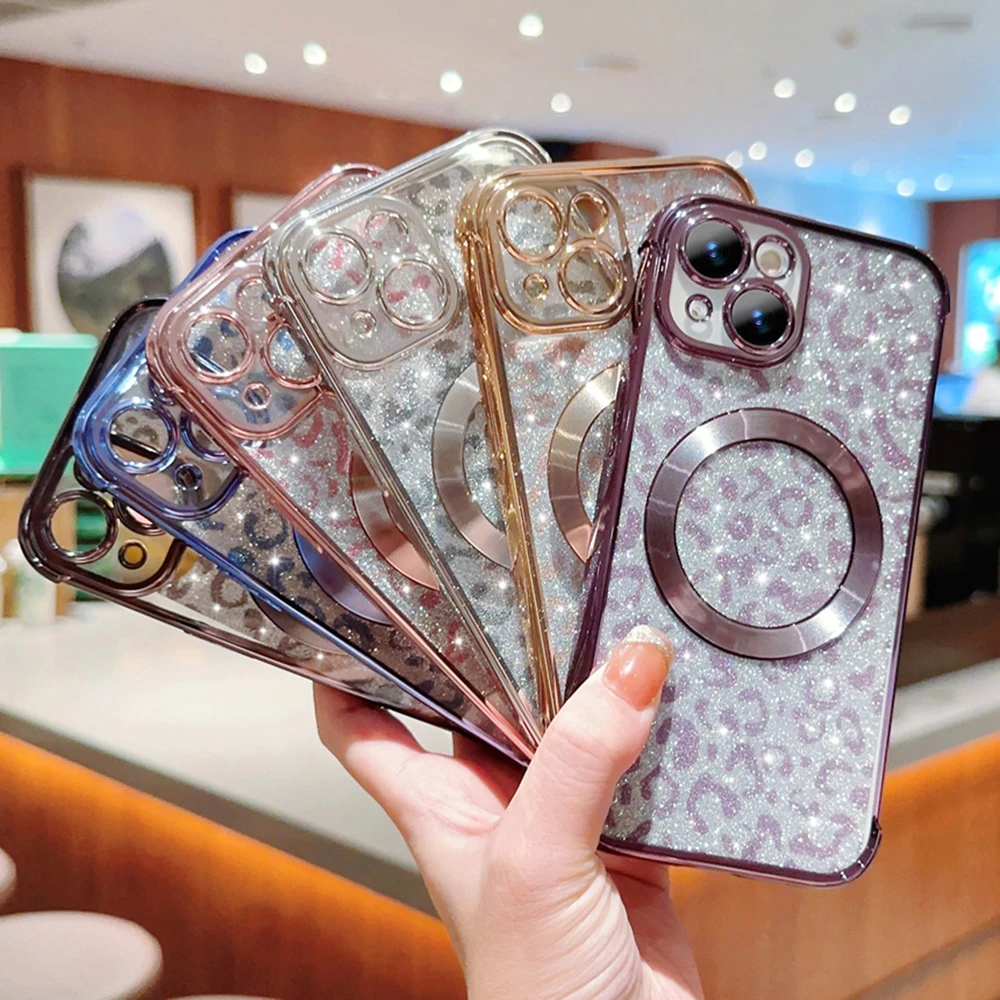 Plating Magnetic Clear Phone Case For iPhone 15 14 13 12 11 Pro Max Plus Glitter Leopard Pattern Soft Silicone Cover_voghion.com