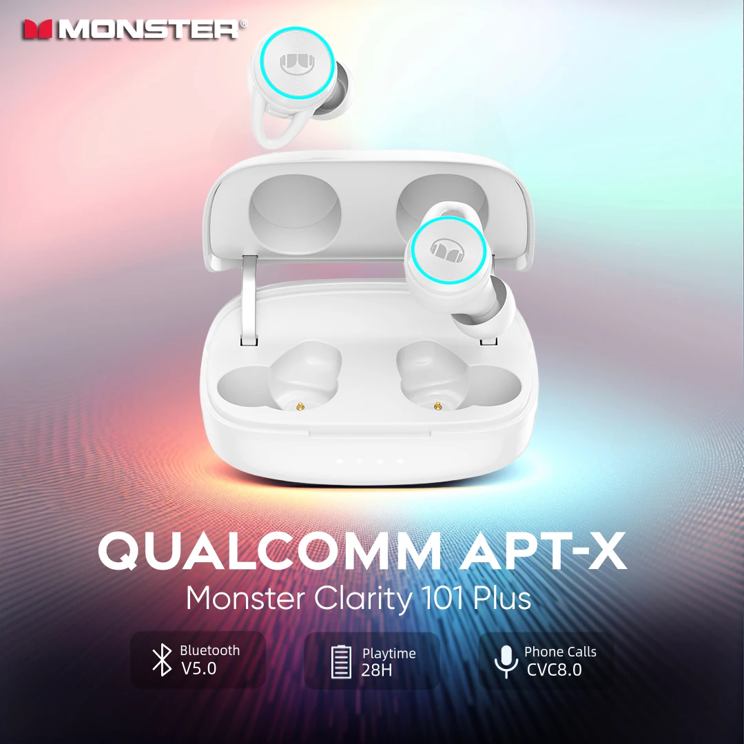 

Monster Clarity 101 Plus Wireless Earbuds Qualcomm Bluetooth 5.0 Headphones CVC8.0 Noise Cancelling QI Charging IPX5 Earphones