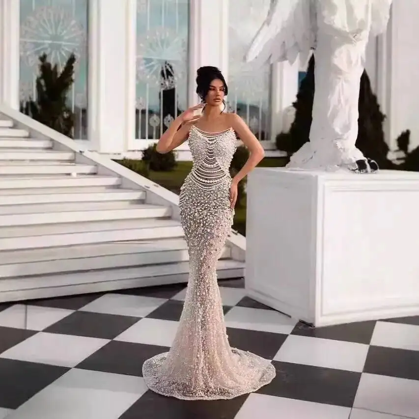 New Women Evening Dress Tube Top White Pearl Series Deep V-Neck Perspective Mesh High Waist Skinny Stage Banquet Dress