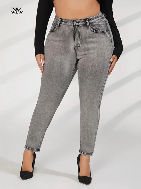 Pantalones vaqueros grises de talla grande para mujer, Jeans ajustados de  longitud completa, pantalones de mezclilla