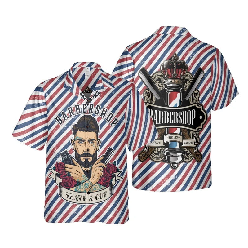 Cool Barber 3D Print Shirts For Men Clothes Harajuku Fashion Profession Work Tools Short Sleeve Uniform Blouses Button Boy Tops