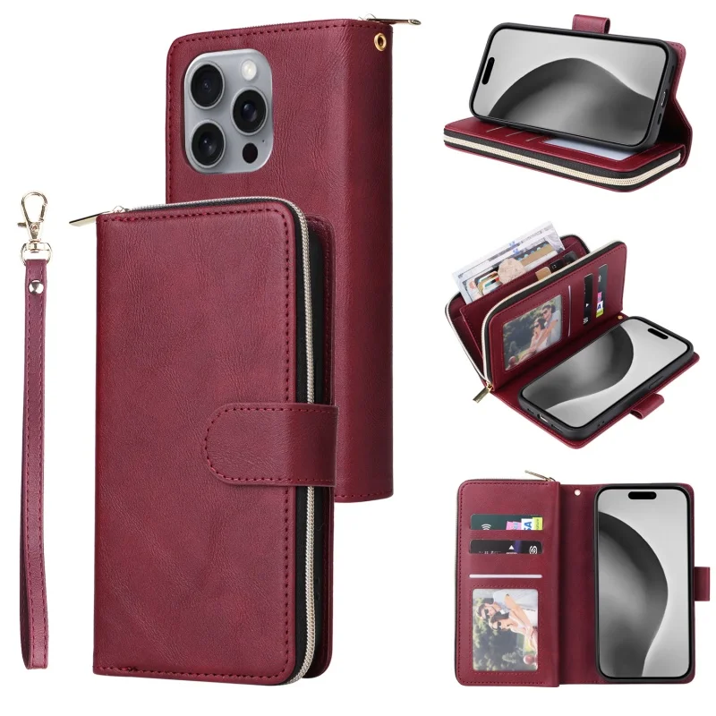 Premium Flip Leather Wallet Case with Zipper Purse and Multi-Card Slots