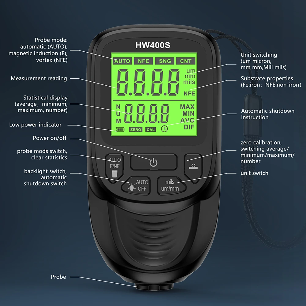 HW-400S/HW-300PRO Coating Thickness Gauge 0.1micron/0-2000 Car Paint Film Thickness Tester Measuring DFT Measuring Meter paint coating meter paint thickness gauge thickness gauge