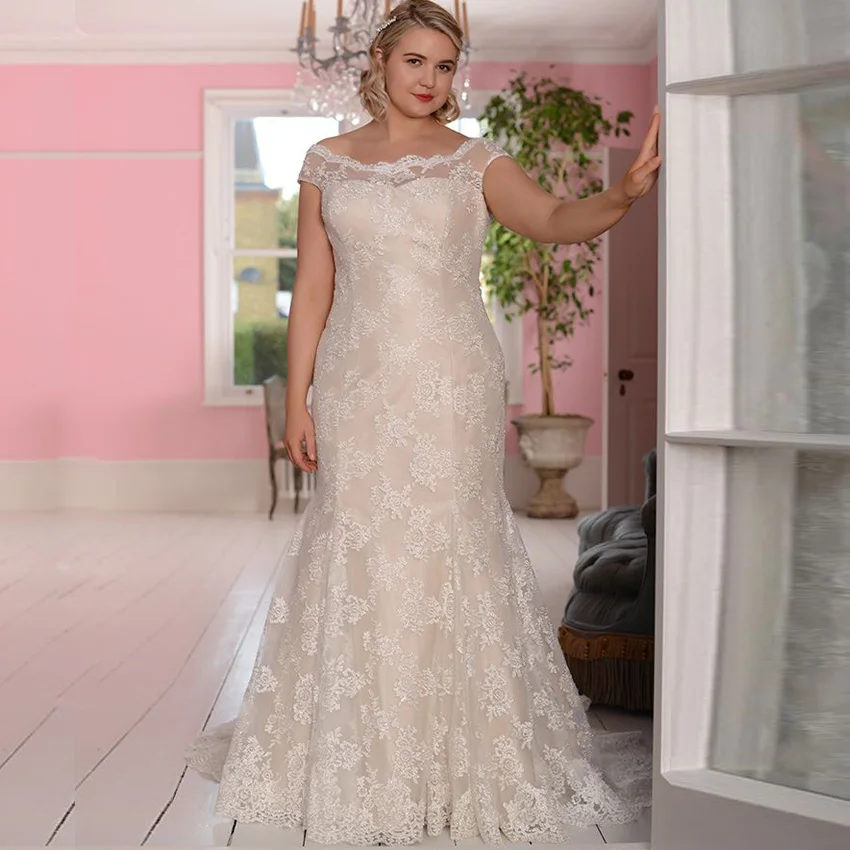 

Luxury Lace Plus Size Wedding Dresses For Women Scoop Neck Cap Sleeves Mermaid Bridal Gowns Sweep Train Robe De Mariage 2024