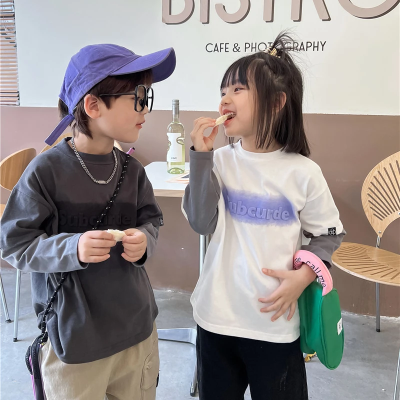 Children's Spring Autumn Fake Two Piece Top for Boys and Girls Splice Long Sleeve T-shirt Long Sleeve Round Neck