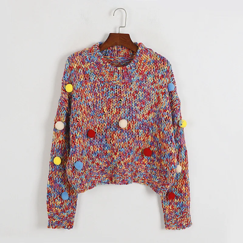 

Vintage Women Sweaters Hairball Appliques Loose Pullover Knitwear Thicken Warm Christmas O-Neck Knitted Winter Tops 2022 New In