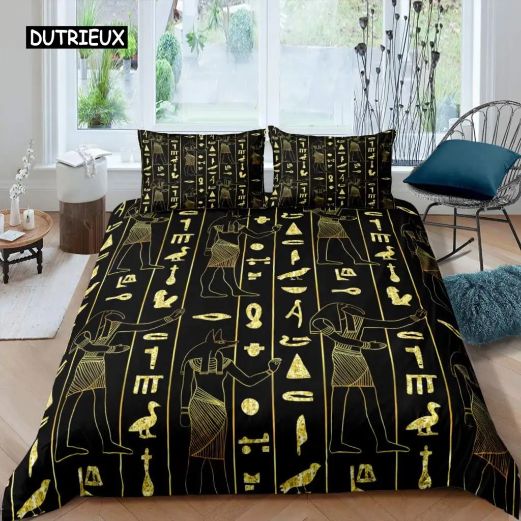 

Ancient Egypt Duvet Cover Set Egyptian Symbol Bedding Set Vintage Pharaoh Pyramid Boho Tribal Polyester Quilt Cover 2/3pcs Queen