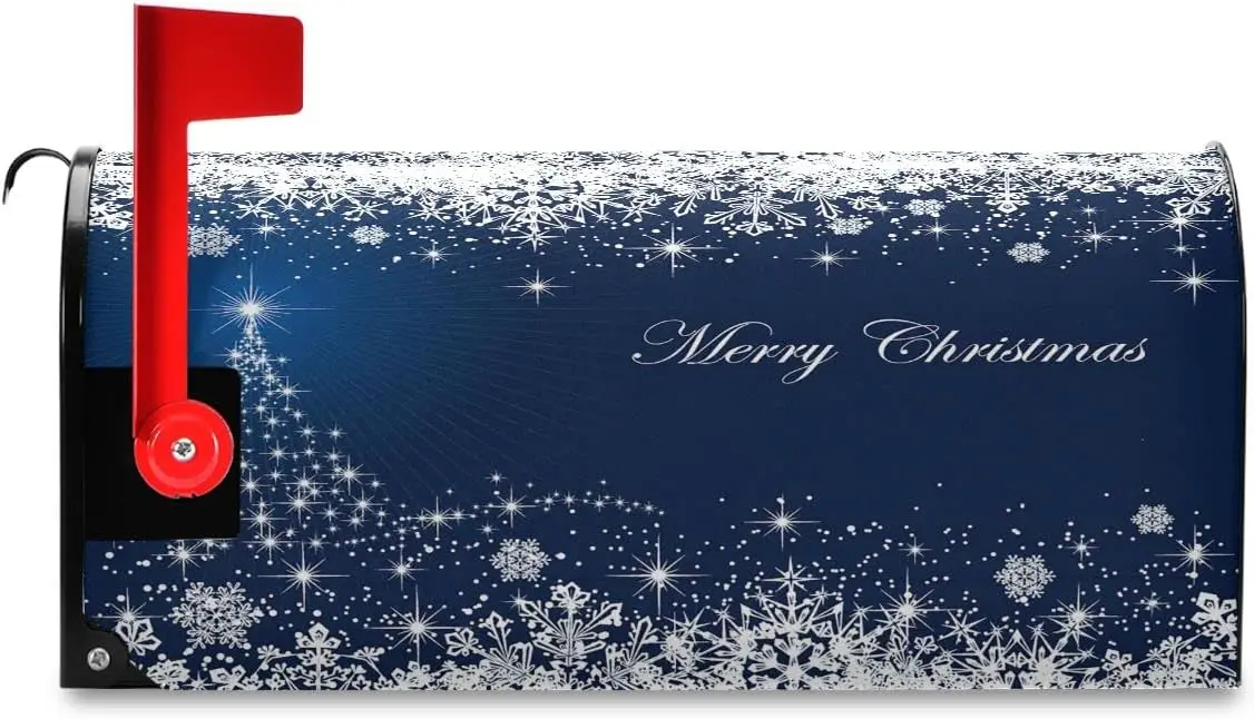 Merry Christmas Tree Magnetic Mailbox Cover, Standard Winter, Snowflake, Snow, Blue, White, Xmas Mail Box Covers, Decals Wrap, P