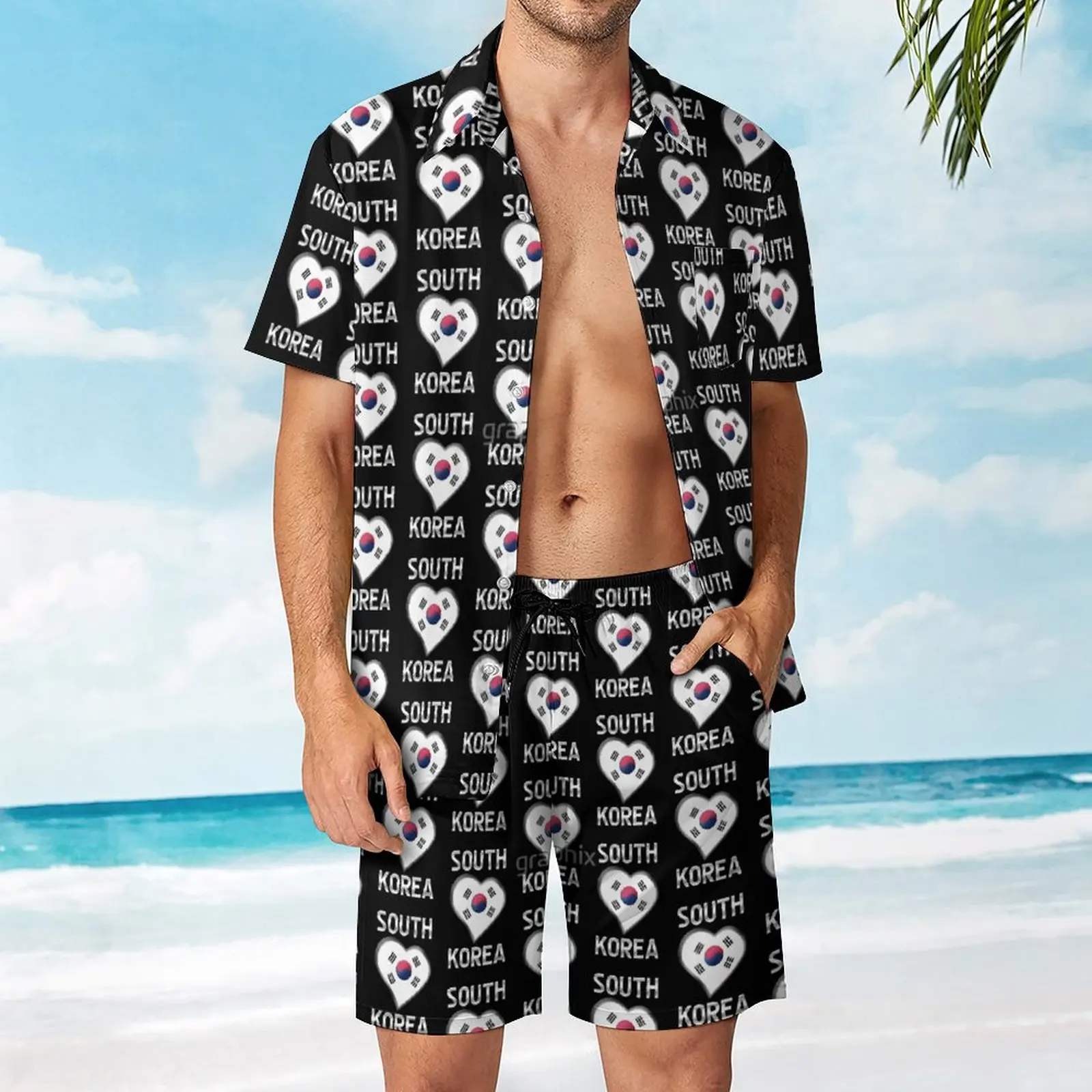 

South Korea South Korean Flag Heart & Tex Men's Beach Suit Funny Graphic 2 Pieces Pantdress High Quality Leisure USA Size