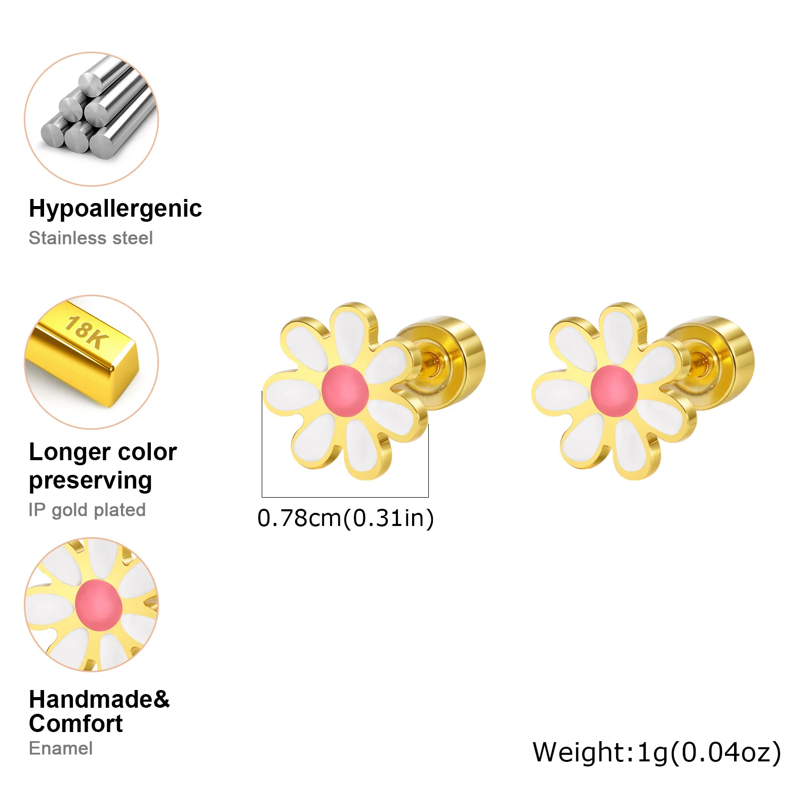 Bunte Blumen-Ohrstecker für Damen und Mädchen, Edelstahl, Emaille, Gänseblümchen, kleine Ohrringe, wasserdicht, trendiger Schmuck, Geschenke – Detail 7