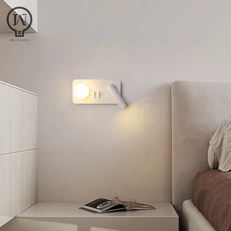 White wall lamp backlight 350 degree rotation adjustable wall lamp hotel bedroom bedside study reading desk with switch