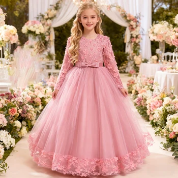Long Sleeve Flower Bridesmaid Girls Dress Children Christmas Costume Lace Bow Princess Kids Dressees For Girl Party Wedding Gown 1