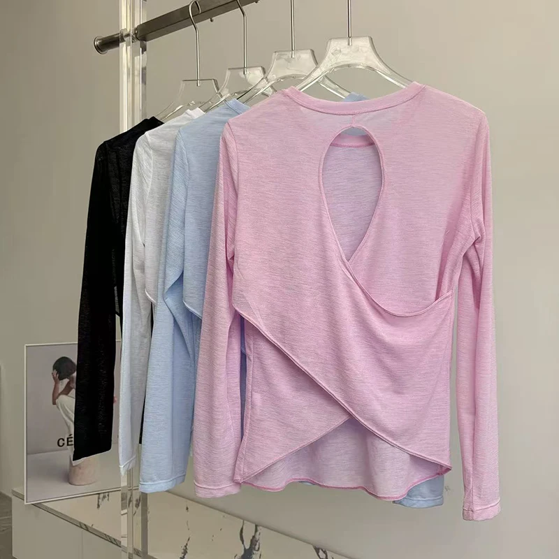 Autumn Thin Long Sleeve Yoga Blouse Loose Fit Breathable Gym Top for Women Hollow Beauty Back Design Running Fitness Pilates 4
