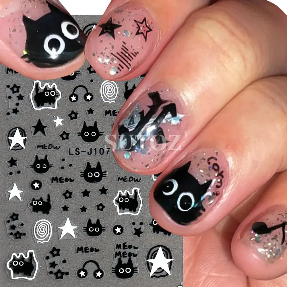 3D Cartoon Cat Nail Stickers Cute Meow Black White Star Graffiti Nail Decals Childlike Sticker DIY Charms Manicure Decor LEBLS-J nail stickers nail decals nail art decoration