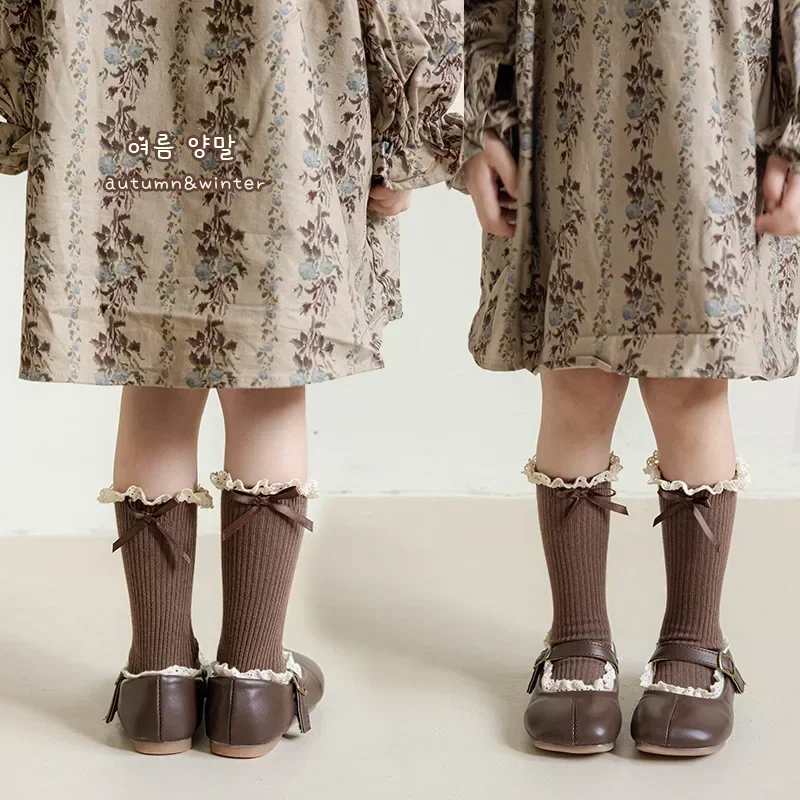 Fall Winter Princess Girls Ruffle Lace Socks Retro Lace Bow Calf Socks for Kids Children Soft Cotton Pile School Long Socks