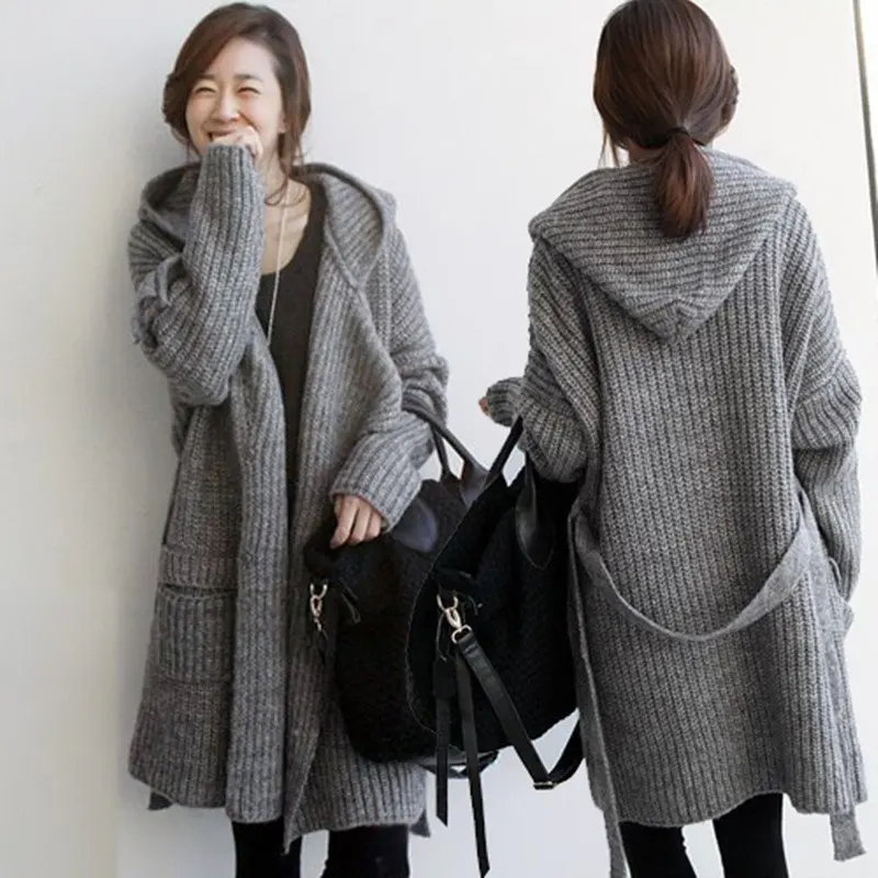 Ladies Woolen Jacket Coat Autumn Winter Casual Knitted Warm Thick Long Coat Outwear Female Women Hooded Overcoat Hoodies