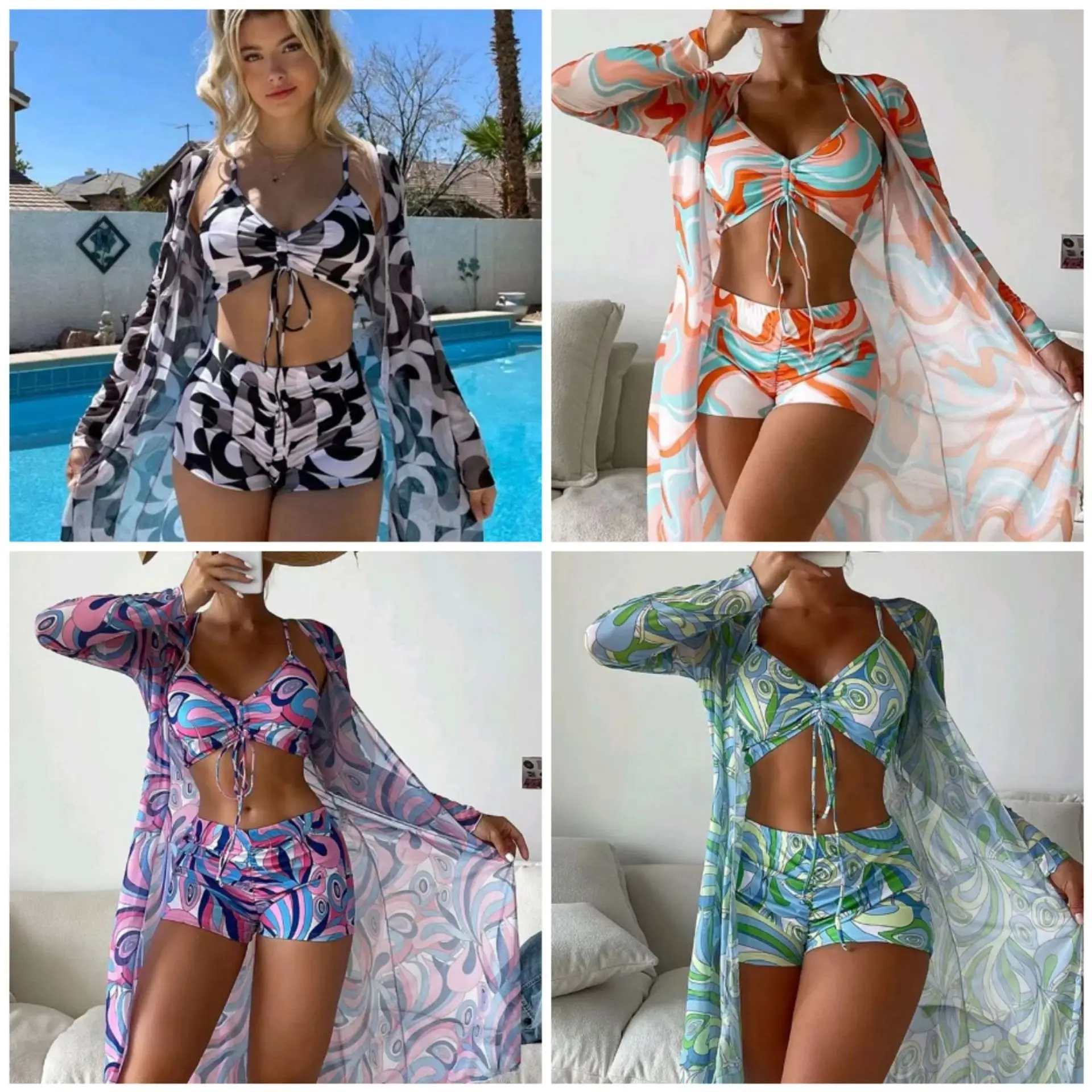 

Tropical Allover Print Bikini 3pack Drawstring Ruched Cover Up Women Swimsuit 2023 Long Sleeve Swimwear Beach Wear Bathing Suit