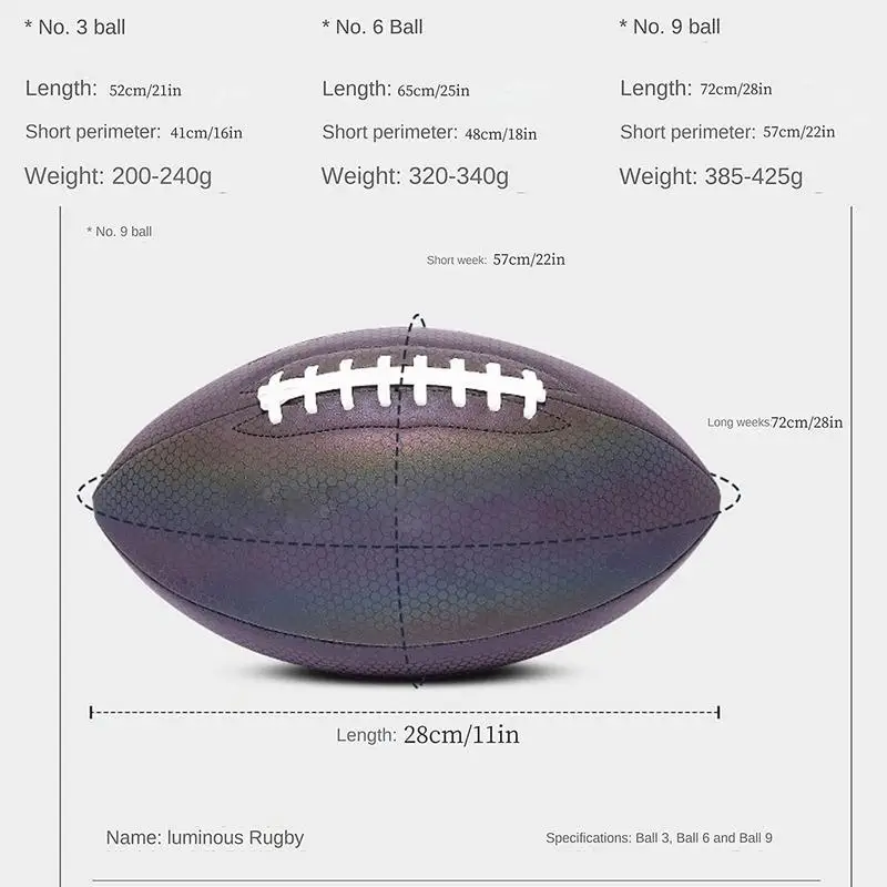 Size 3/6/9 Reflective Rugby Ball Luminous Fluorescent Training Ball PU Leather American Standard for Match
