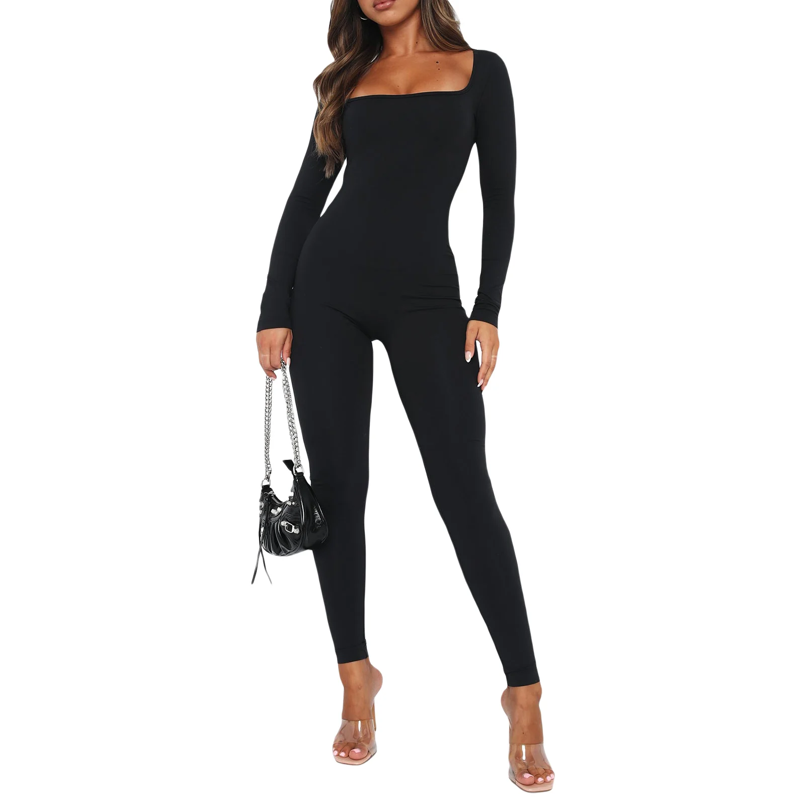 

Women Fall Bodycon Jumpsuits Solid Color Square Neck Long Sleeve Long Rompers Fashion Skinny Playsuits Streetwear