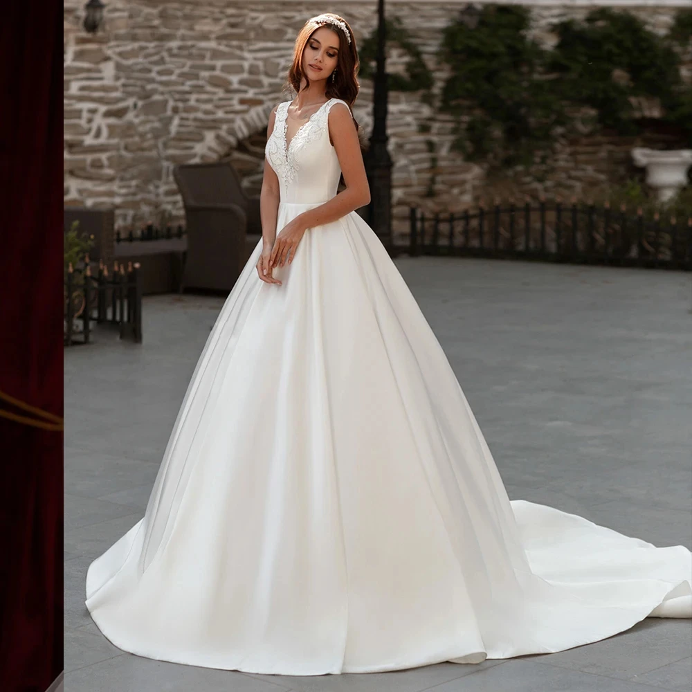 

Robe De Mariee V Neck A-Line Wedding Dress Satin свадебное платье 2024 Hochzeitskleid SlimpleTrouwjurk Gelinlik 웨딩드레스