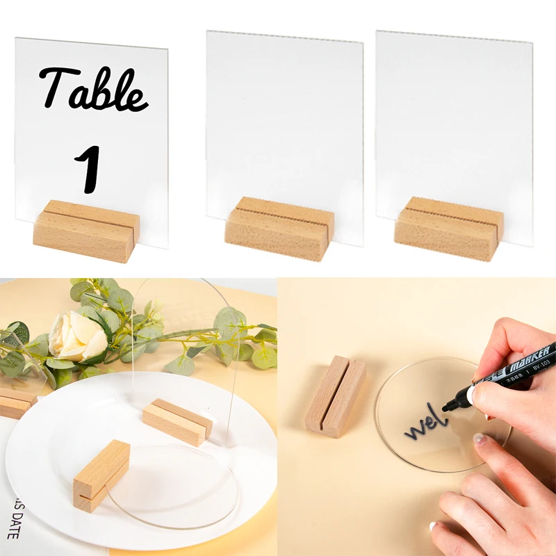 

10pcs Wedding Table Place card Clear Acrylic Table Place Card with Wooden Base Wedding Table Decorations Guest Sign Seating Card