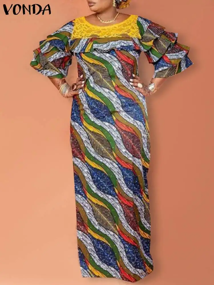 

Party Maxi Dress 2024 VONDA Women Bohemian Lace Patchwork Printed Ruffles Sundress Summer Vestidos Casual Loose Robe Oversized