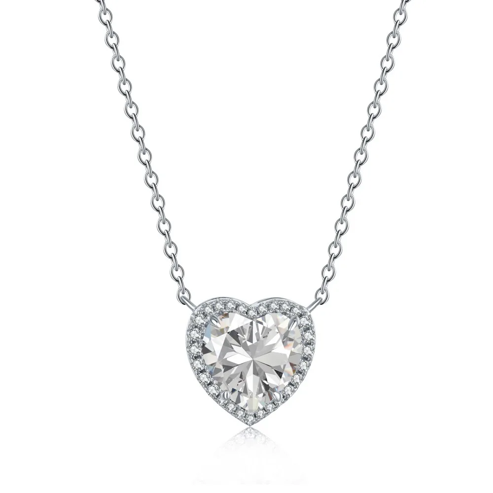 

True S925 Silver Heart Necklace Women 10mm Heart Diamond Pendant Necklace Female Luxury Jewelry Shining 5A Zircon Girl Gift Lady