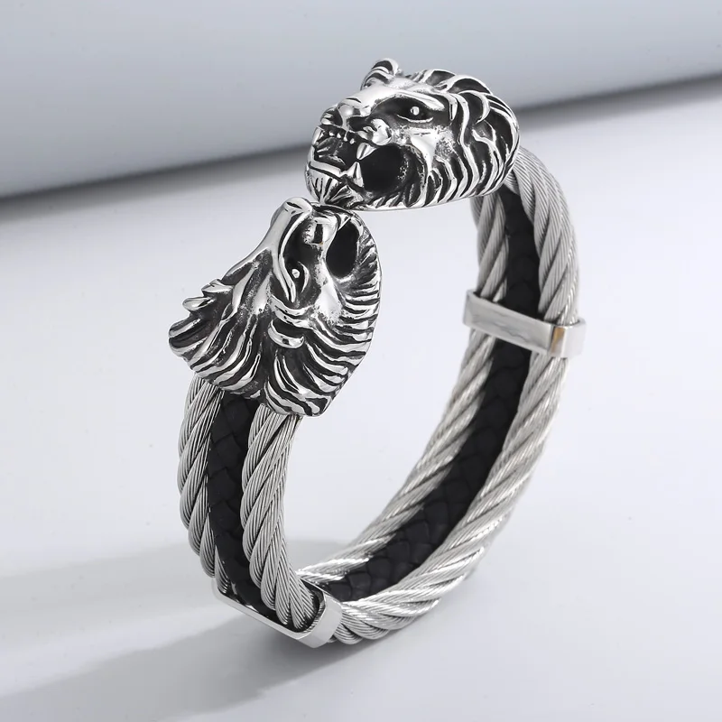 Fongten Punk Cuff Bracelet For Men Double Lion Head Stainless Steel Three Layer Twisted Cable Cool Male Bangles Bracelet Jewelry