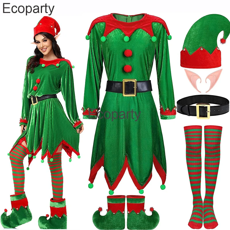 2023 Adult Kids Christmas Santa Claus Costume Women Green Elf Cosplay Dress Belt Hat Elf Ear Suit New Year Xmas Party Outfits