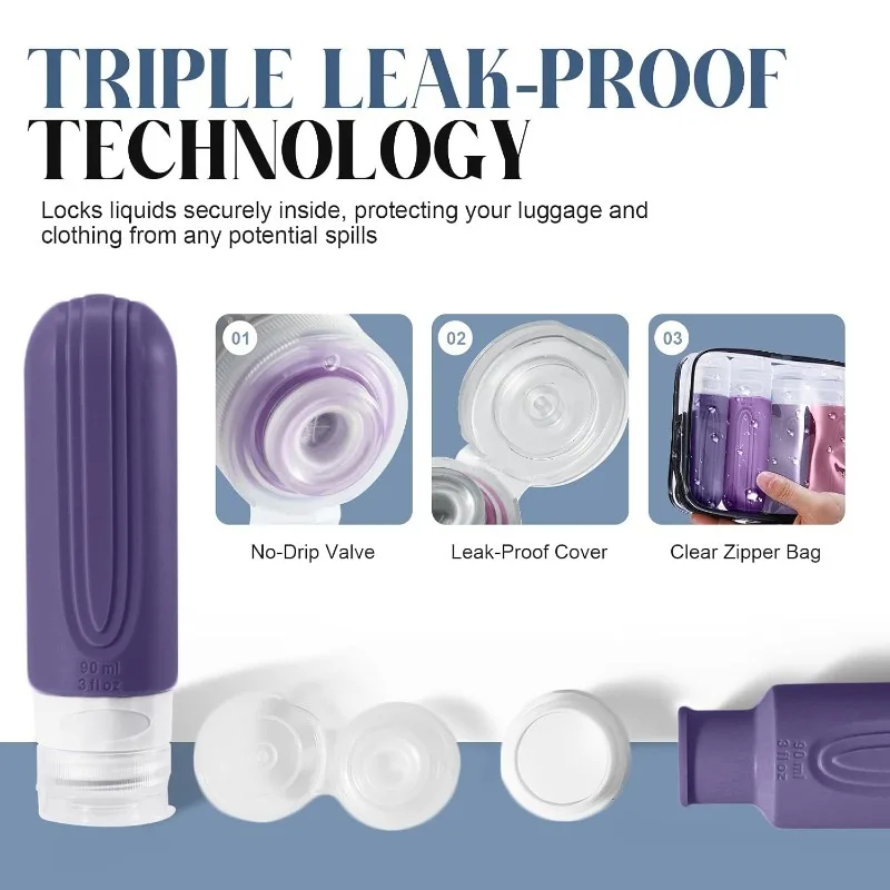 Silicone Travel Toiletries Refillable Leak-Proof Containers Set - 90ml Portable Squeezable Bottles