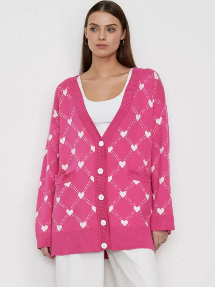 

RDMQ Autumn Winter Love Jacquard V-neck Cardigan Long Sleeves Single-breasted Jumper Comfortable Casual Fashion Outfits