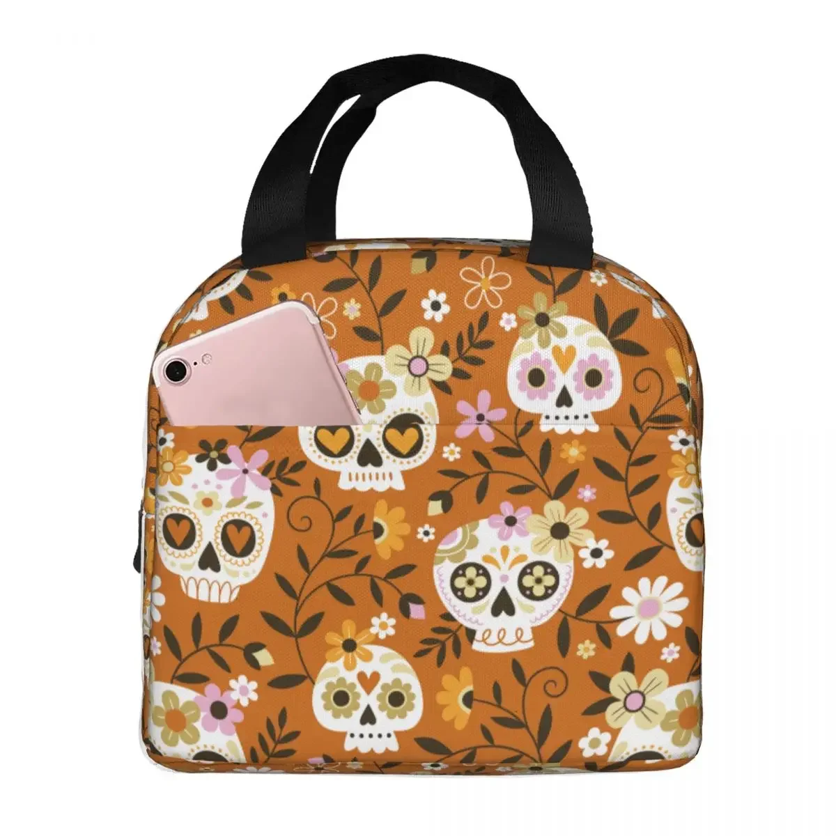 

Lunch Bag for Men Women Hand Drawn Cute Sugar Skulls Flowers Insulated Cooler Bag Portable Picnic Work Oxford Lunch Box Handbags