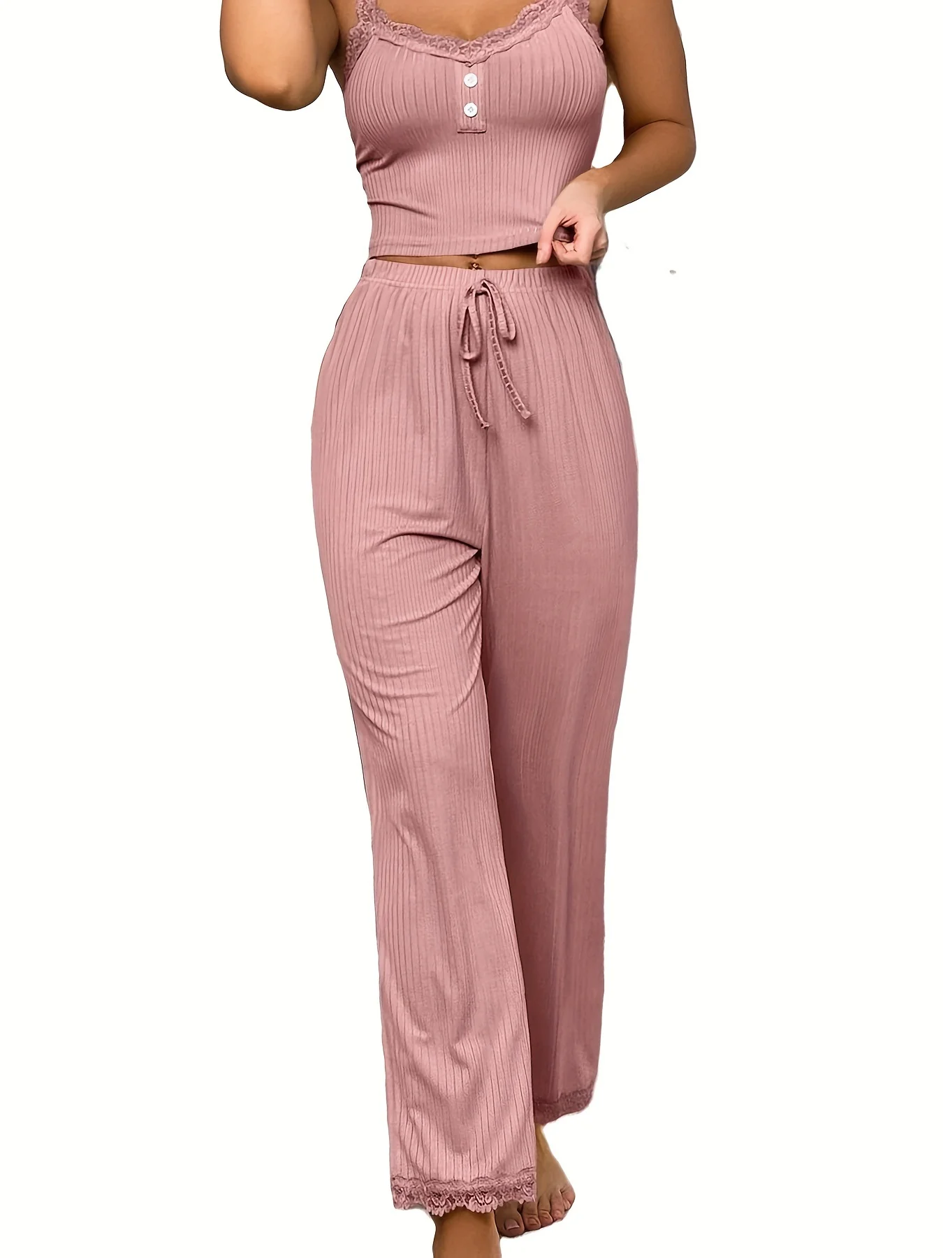 Women Ribbed Pajama Set Lace Trim Camisole Top & Drawstring Pants Sexy Sleepwear Autumn Soft Lounge Homewear