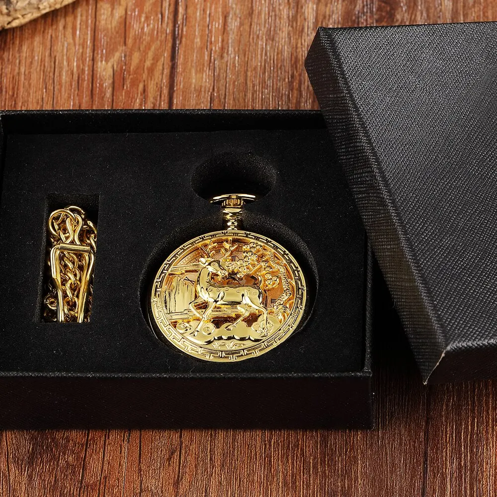 Golden Hollow Deer Pattern Mechanical Pocket Watch Vintage Double Side Steampunk Fob Clock Male Necklace Watch Chain Women Men