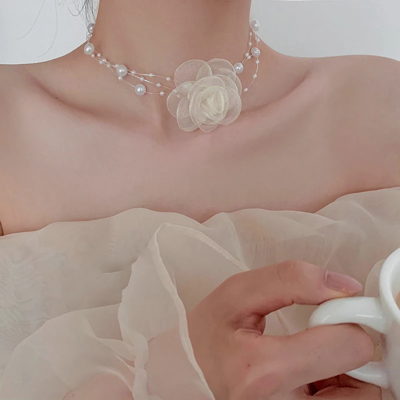 Amazon.com: Flower Choker Necklace Fashion Big Rose Flower  Pearl Rose/Camellia High Fashion Adjustable Choker Necklace main image 2