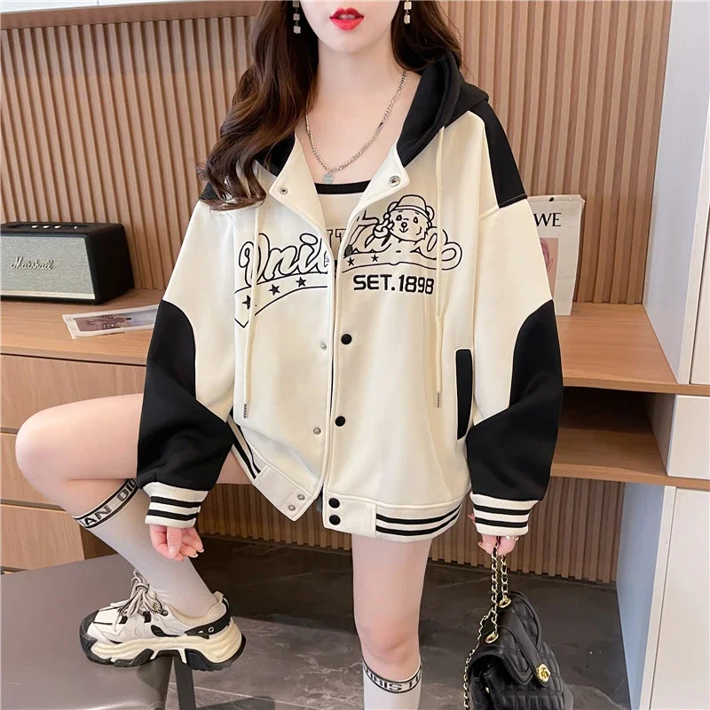 

Autumn and Winter Baseball Clothing Padded Cartoon Embroidery Loose Hooded Jacket Women's Niche Color Collision Splicing Cardiga