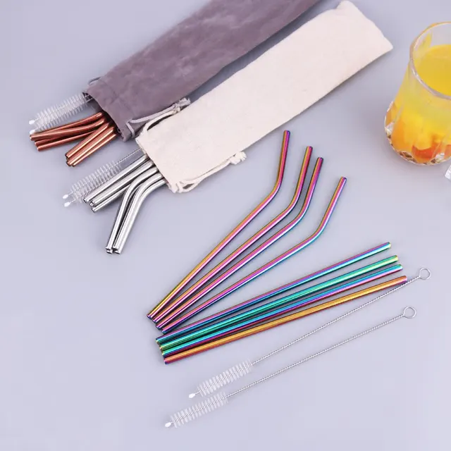 Rainbow Color Reusable Metal Straws Set with Cleaner Brush 304 Stainless Steel Drinking Straw Milk Drinkware Bar Party Accessory 4