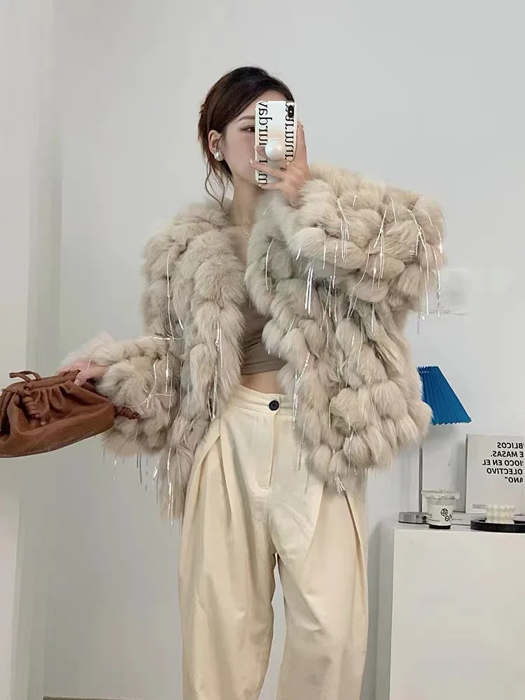 

Winter New Luxury Real Crop Fox Fur Coat with Strips Tassel Women Korean Fashion Fur Jacket Warm Elegant Party Windproof Outwear