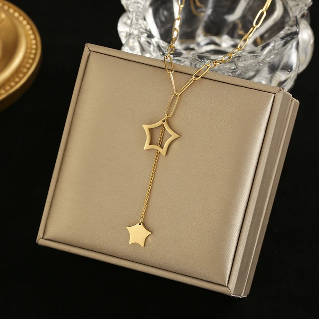 316L Stainless Steel Necklace Hollow Double Stars Tassel Charm