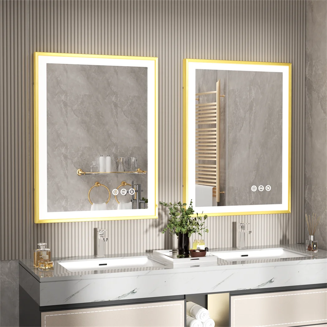 LUVODI Illuminated Bathroom Mirror Gold Frame Wall Mounted Bathroom Vanity Mirror with LED Lights 3 Color Dimming Defog 4