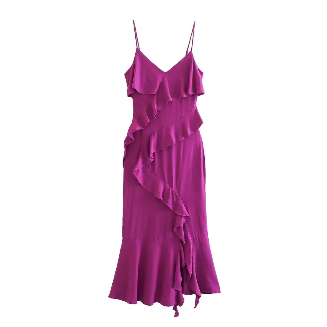 

TRAF 2023 Women Fashion V Neck Cascading Ruffle Solid Sling Midi Dress Female Chic Summer Side Zipper Party Vestidos