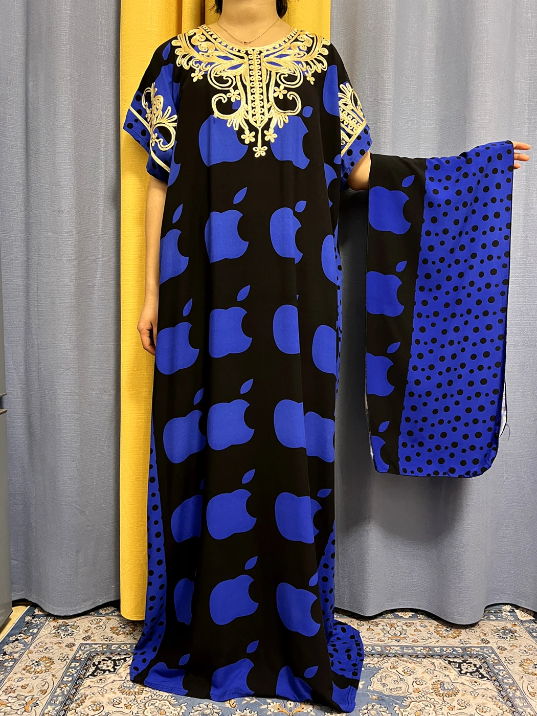 Abayas For Women 2023 Muslim Fashoin Print Apple Appliques Cotton Loose Femme Robe African Kanga Clothing Islam With Turban