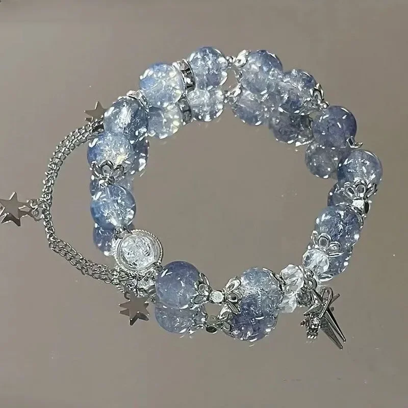 Braccialetto Niche Design con catena a stella e nappine per donna, braccialetto elastico con perline di cristallo blu fantasy e cordino, gioiello ideale come regalo per la migliore amica._voghion.com