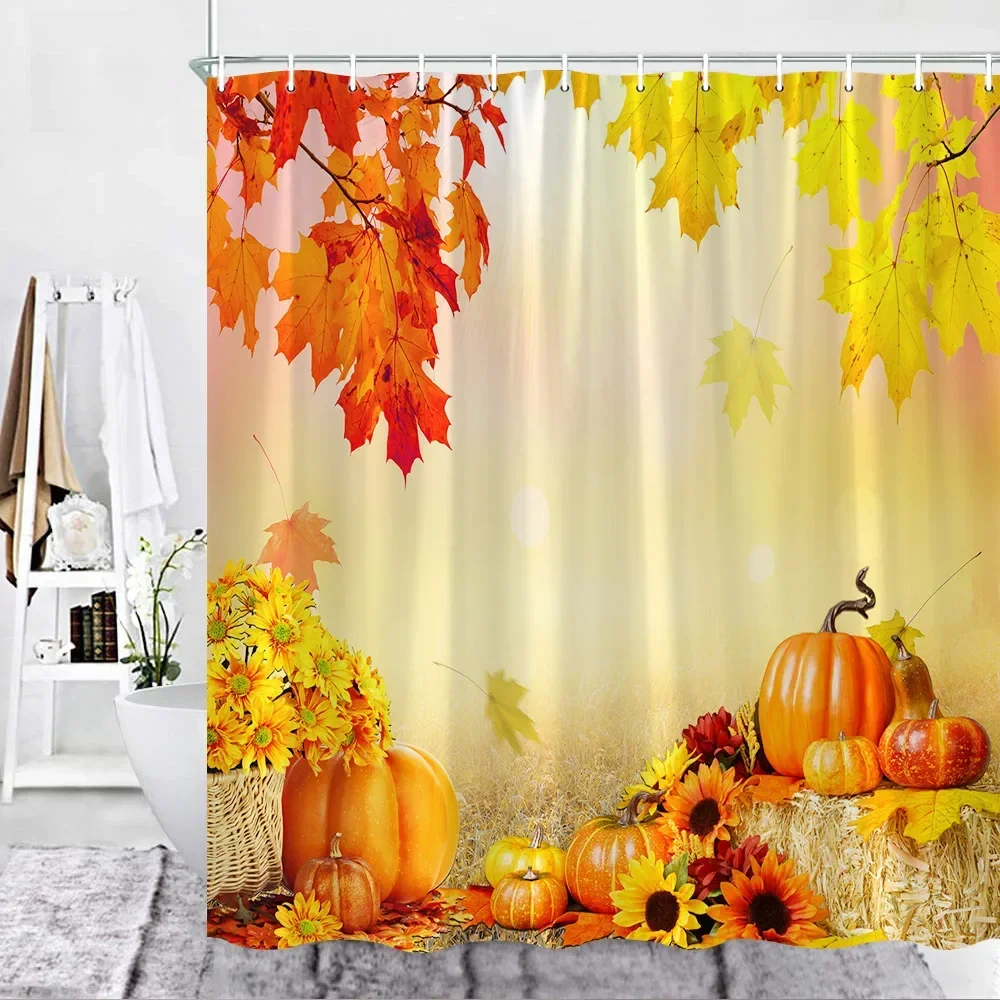 

Занавеска для душа на День Благодарения, креативная декоративная занавеска с листьями кленового дерева, тыквы из буйвола и сетки для ванной комнаты