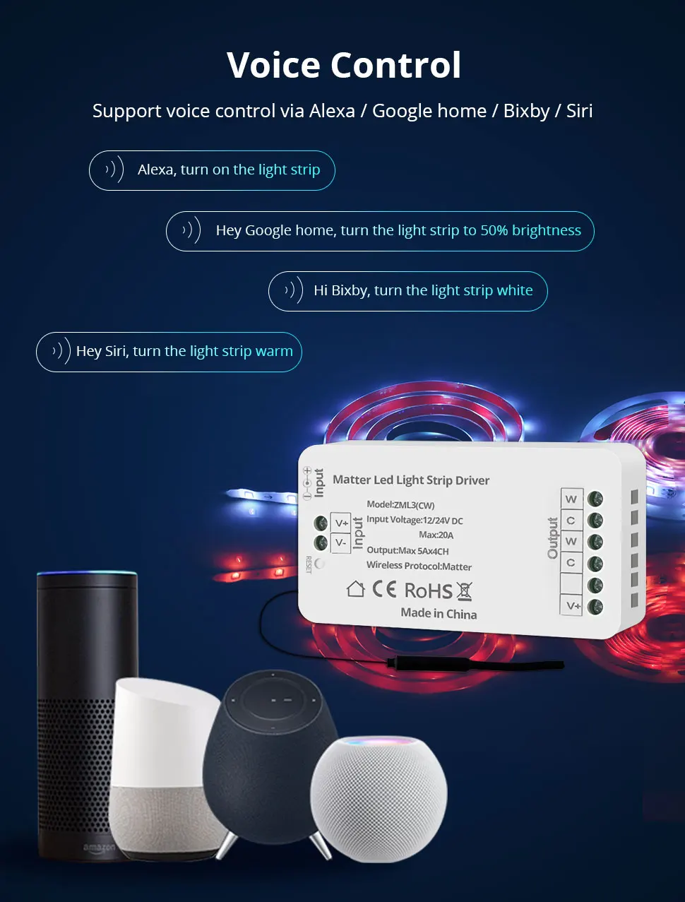 Zemismart Matter Over WiFi RGBCW CCT Led Strip Light Driver Smart Controller Wor