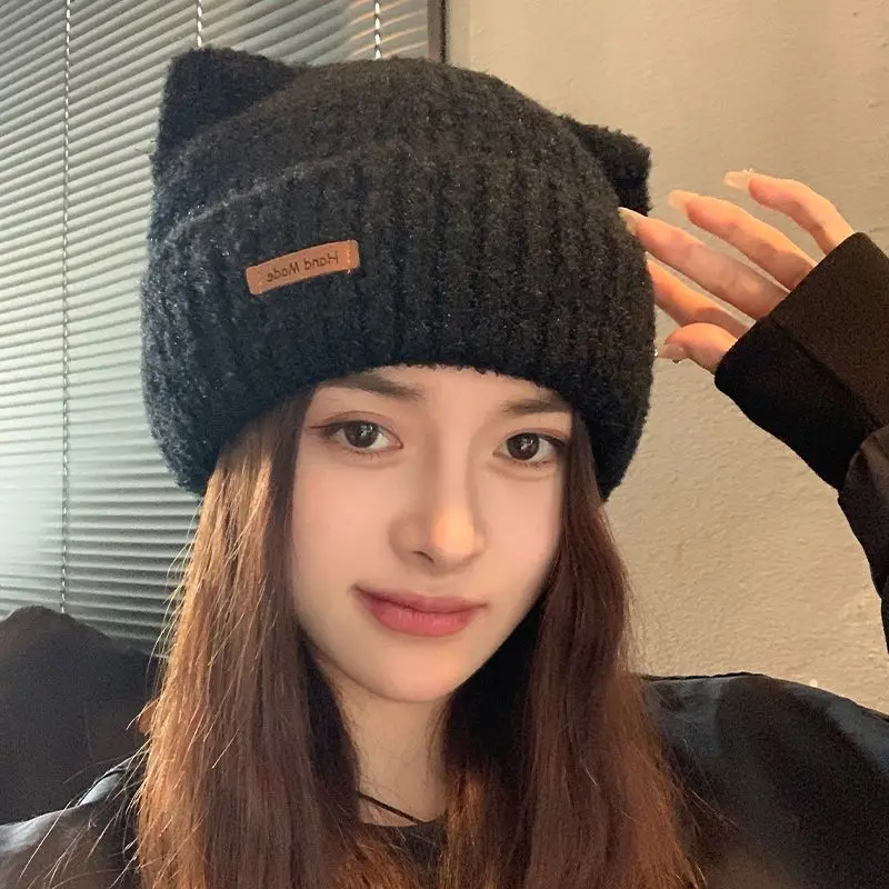 Woman Bonnet Solid Color Warmth Hat Winter Cute Cat Ear Earflap Knitted Hat Thicker Ear Protection Soft Street Beanie Hat 2